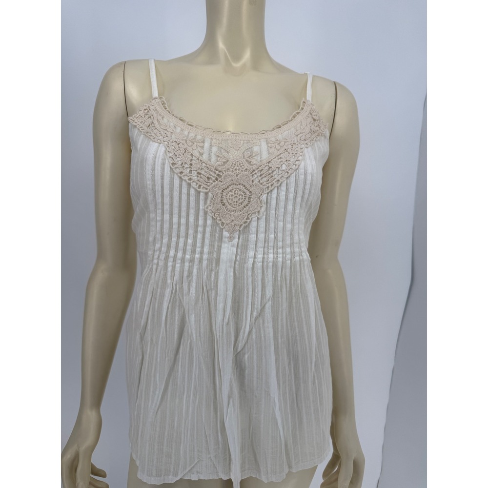 Vintage Mud Cotton Tank Top Semi Sheer Embroidered Lace Tie Waist Camisole White
